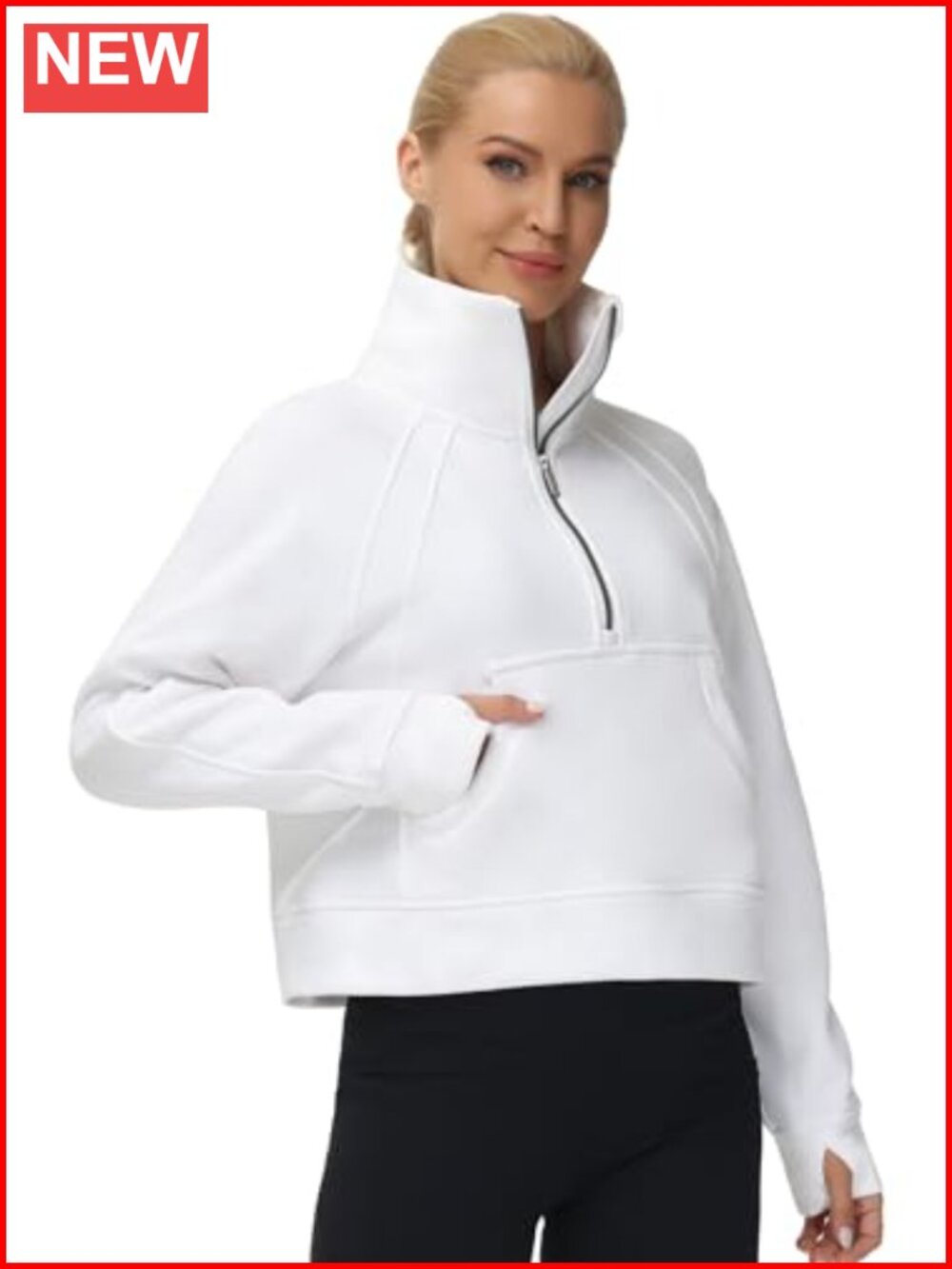 Womens Fleece Lined Half Zip Crop Sweatshirt Kangaroo Pockets Pullover